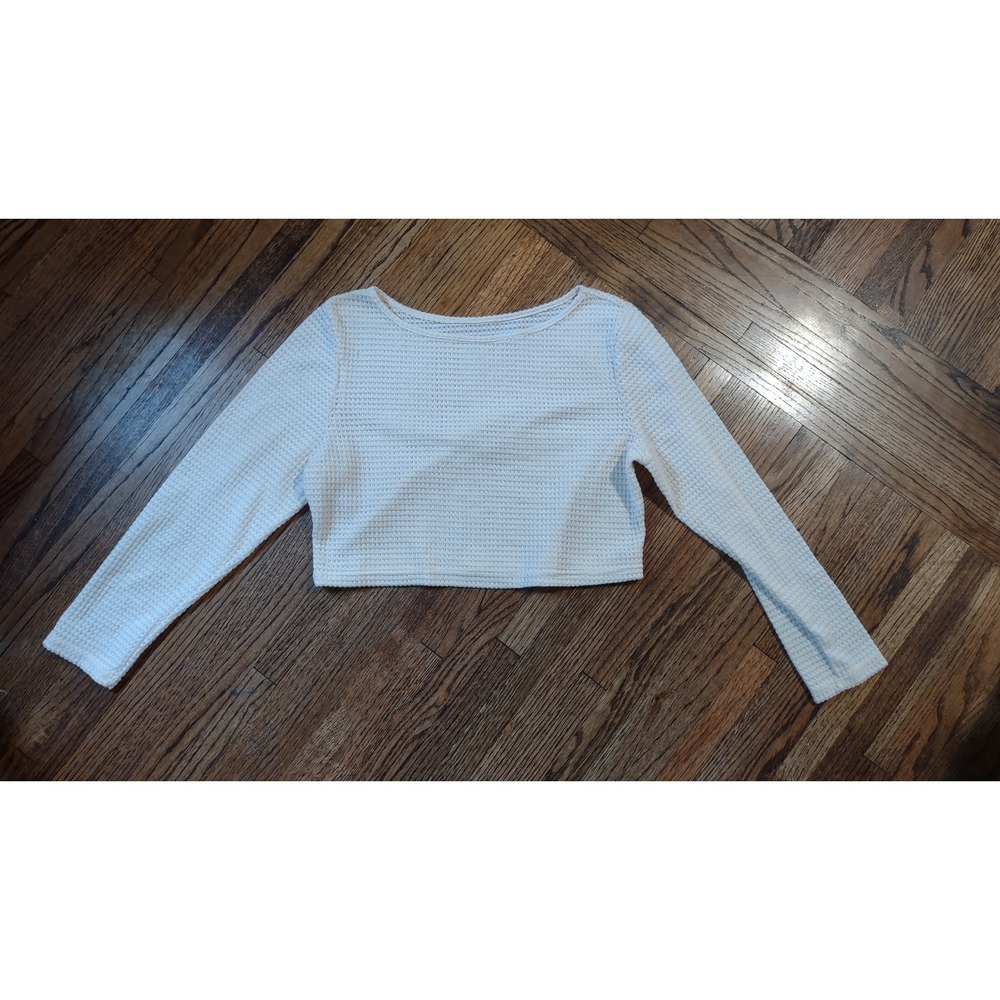 Unbranded Cropped Waffle Knit Sweater Cream Open Weave Long Sleeve Top Medium